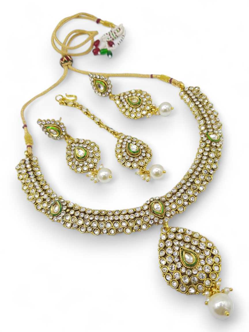 NECKLACE EARRING IN CHECKERED POLKI STYLE | DESIGN - 10682