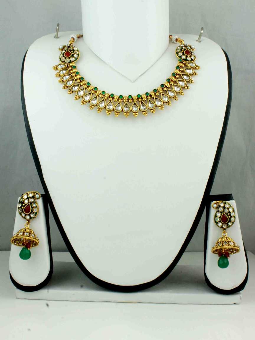 NECKLACE EARRING in CHECKERED POLKI Style | Design - 10690