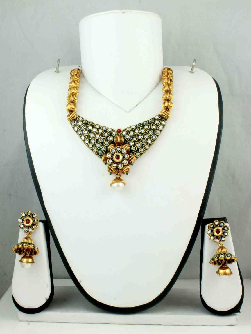 NECKLACE EARRING in CHECKERED POLKI Style | Design - 10715