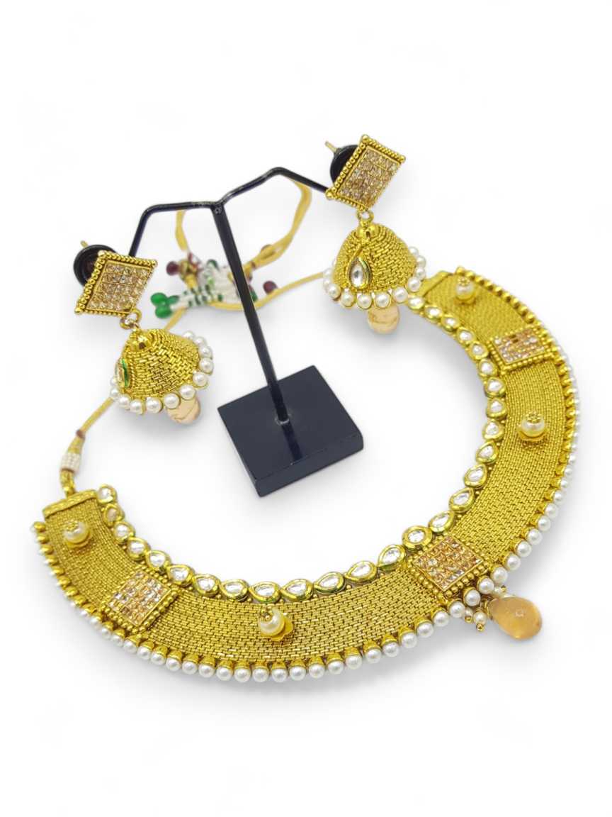 NECKLACE EARRING IN CHECKERED POLKI STYLE | DESIGN - 12552