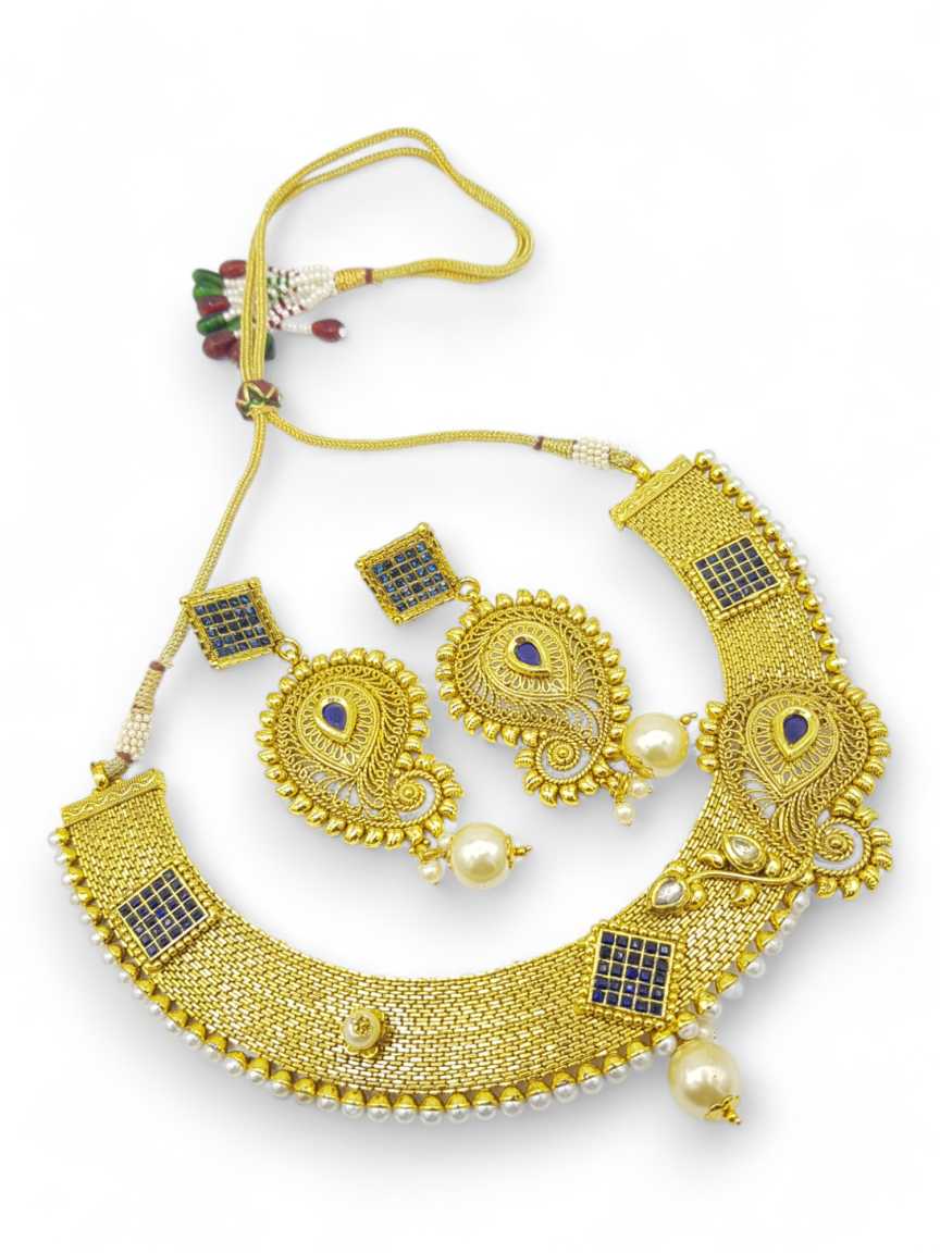 NECKLACE EARRING IN CHECKERED POLKI STYLE | DESIGN - 12850