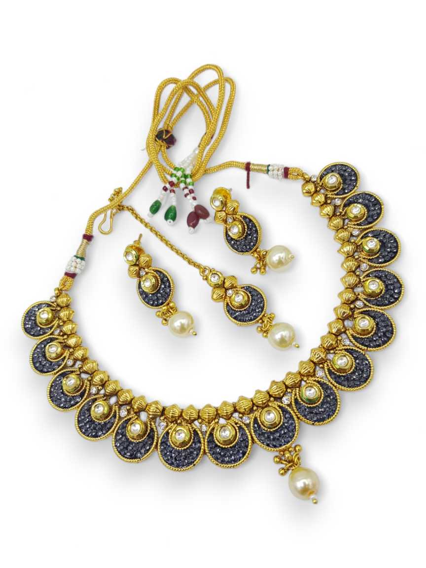 NECKLACE EARRING IN CHECKERED POLKI STYLE | DESIGN - 13544