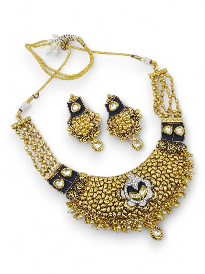 NECKLACE EARRING IN CHECKERED POLKI STYLE | DESIGN - 15416