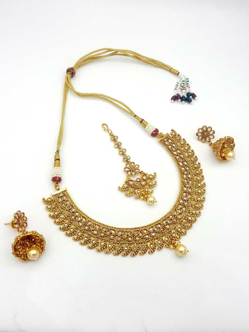 NECKLACE EARRING in CHECKERED POLKI Style | Design - 17825