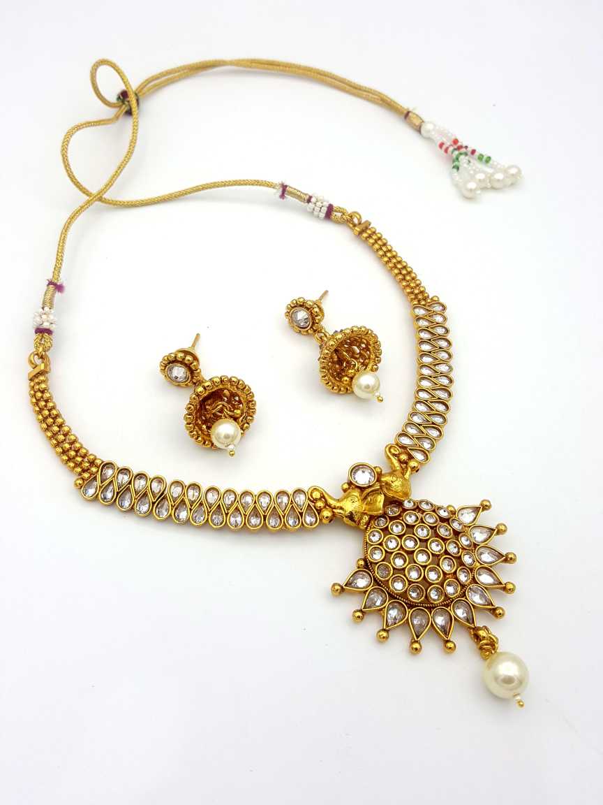 NECKLACE EARRING in CHECKERED POLKI Style | Design - 17827