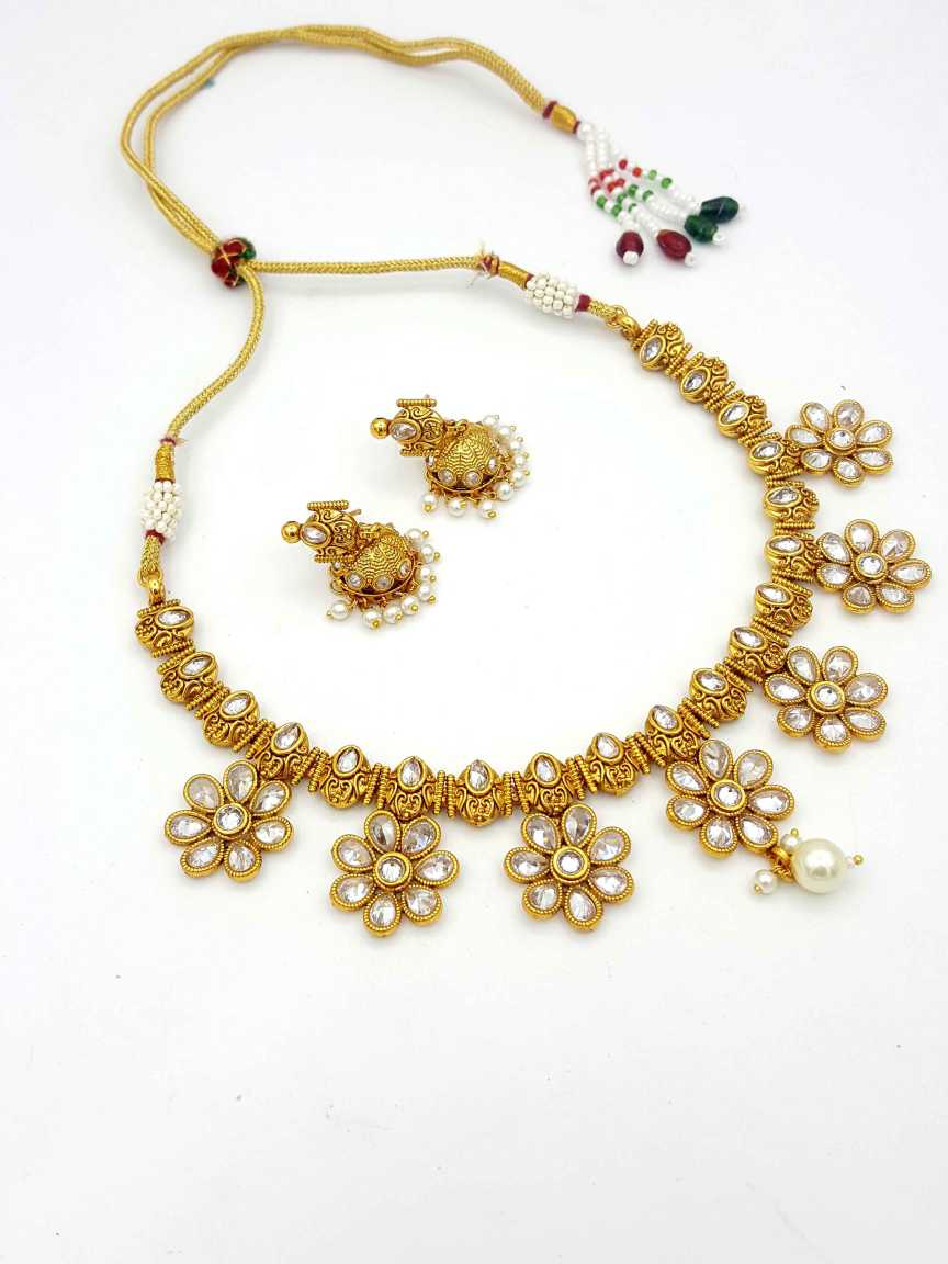 NECKLACE EARRING in CHECKERED POLKI Style | Design - 17831