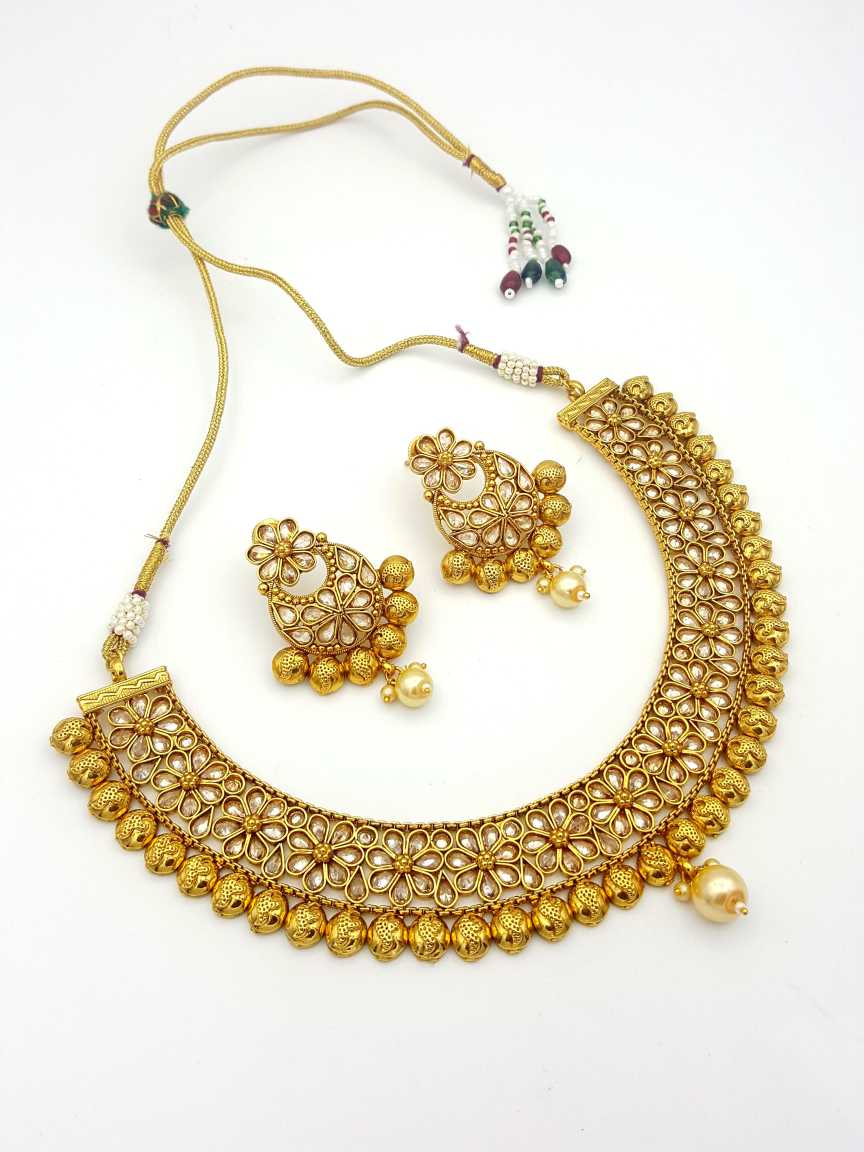 NECKLACE EARRING in CHECKERED POLKI Style | Design - 17836