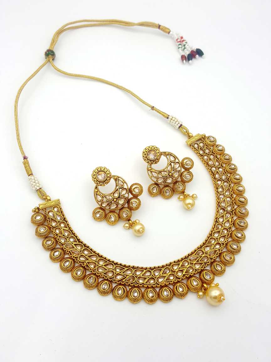 NECKLACE EARRING in CHECKERED POLKI Style | Design - 17837