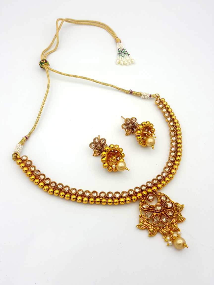 NECKLACE EARRING in CHECKERED POLKI Style | Design - 17839