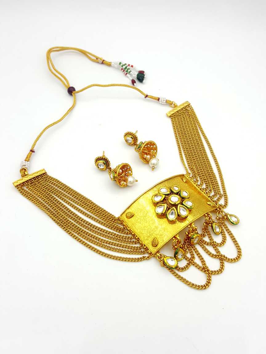 NECKLACE EARRING in CHECKERED POLKI Style | Design - 17865