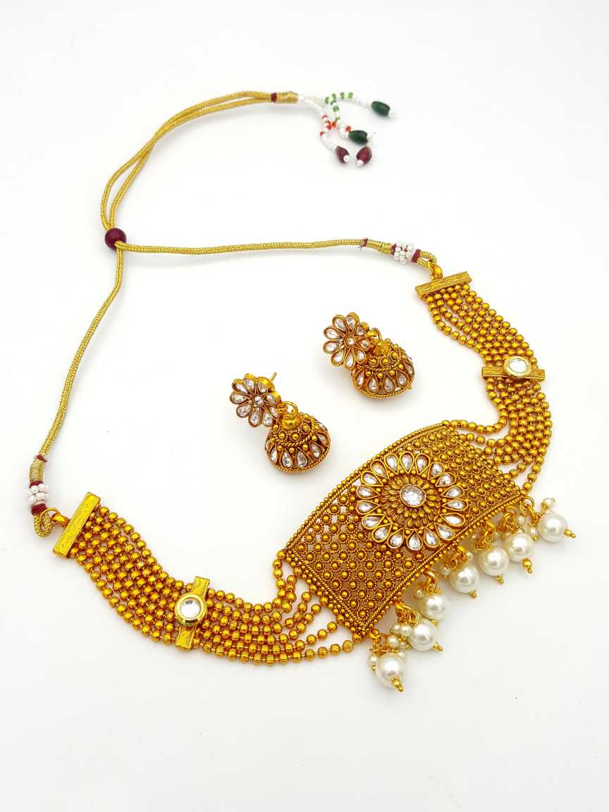 NECKLACE EARRING in CHECKERED POLKI Style | Design - 17873