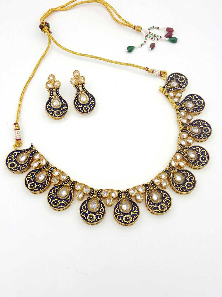 NECKLACE EARRING in CHECKERED POLKI Style | Design - 17923
