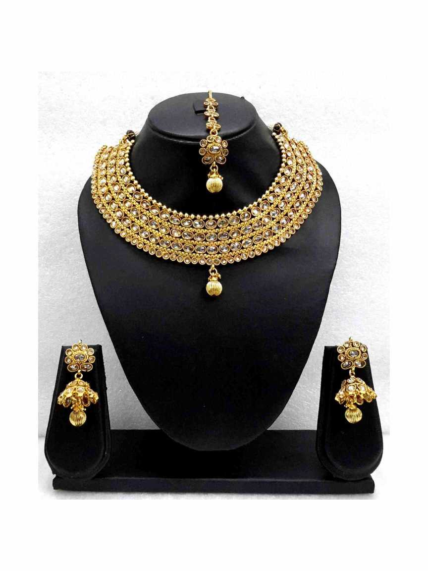 NECKLACE SET WITH MAANG TIKA in CHECKERED POLKI Style | Design - 13202