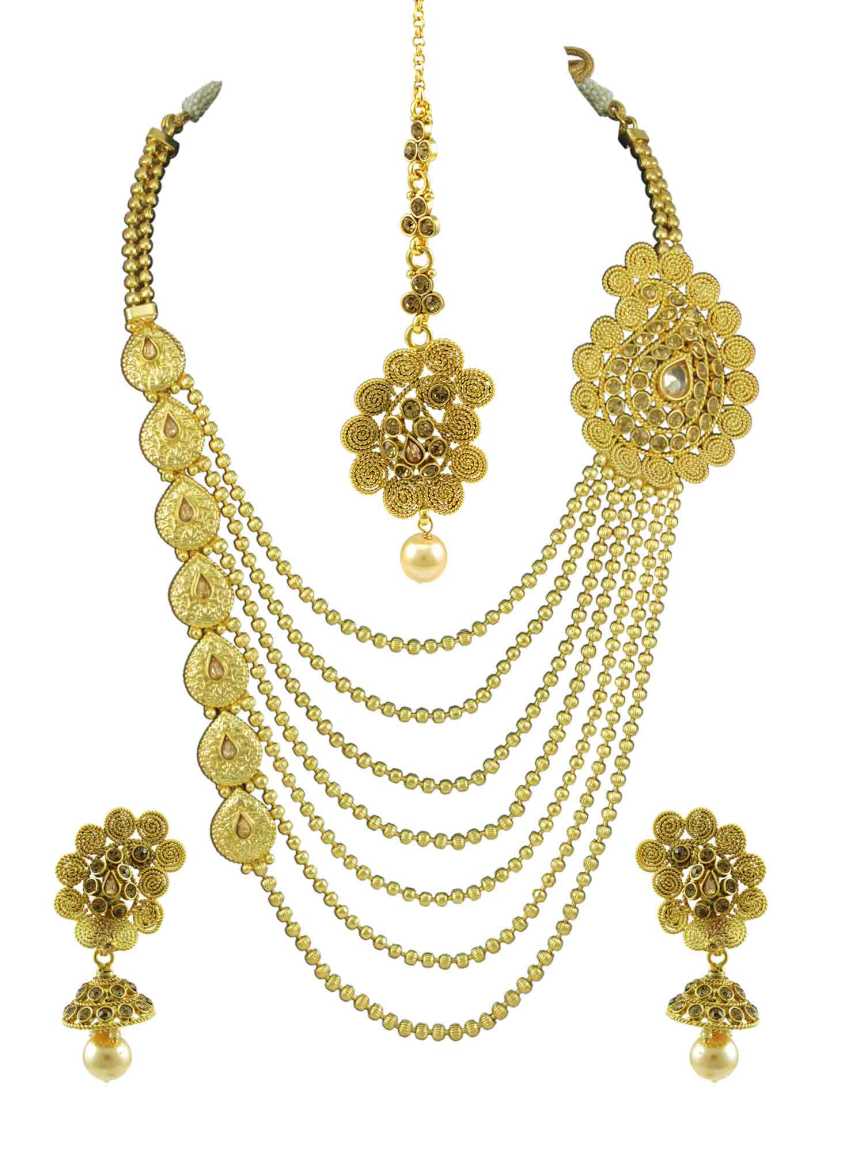 NECKLACE SET WITH MAANG TIKA in CHECKERED POLKI Style | Design - 13458