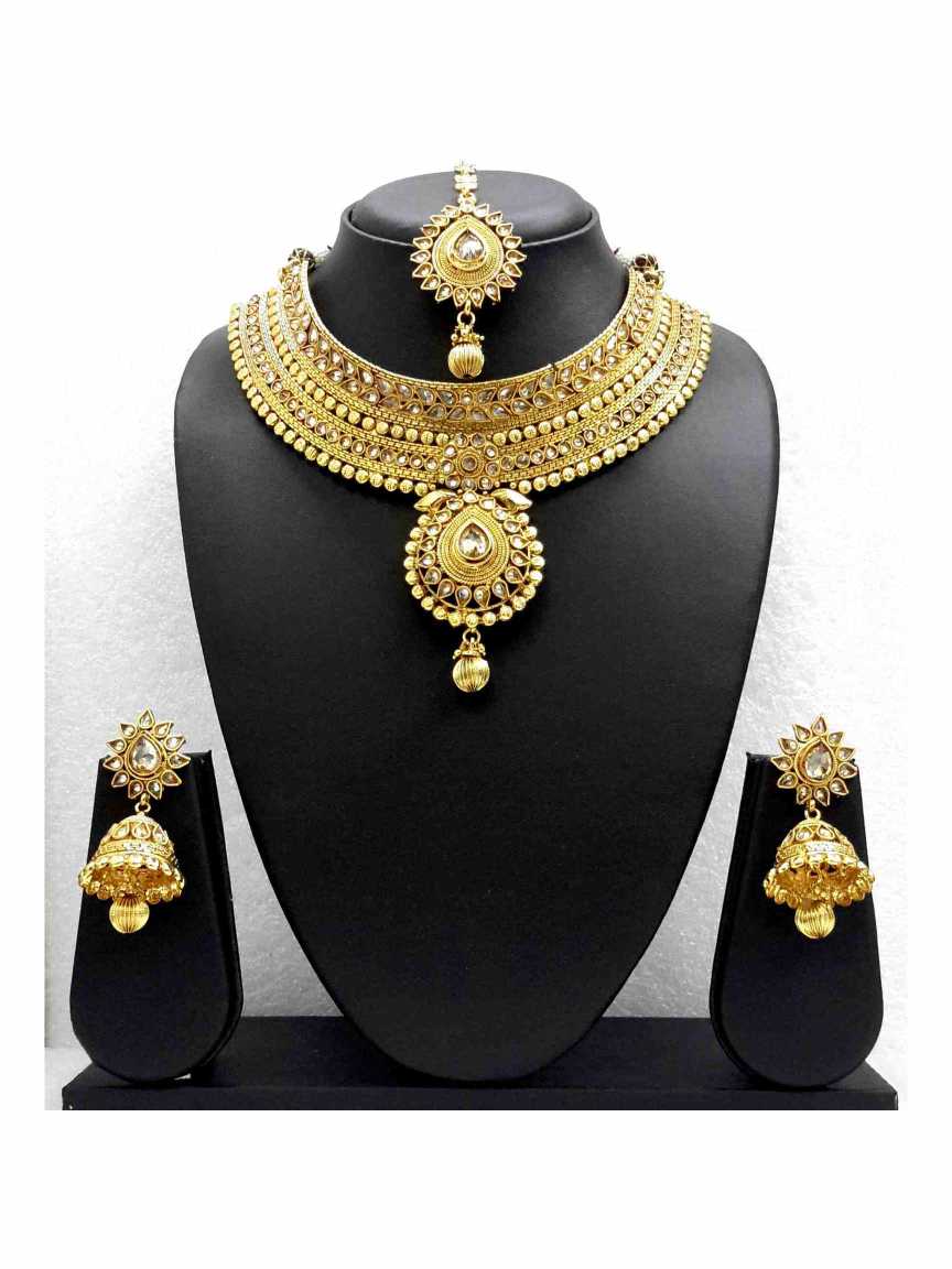 NECKLACE SET WITH MAANG TIKA in CHECKERED POLKI Style | Design - 13541