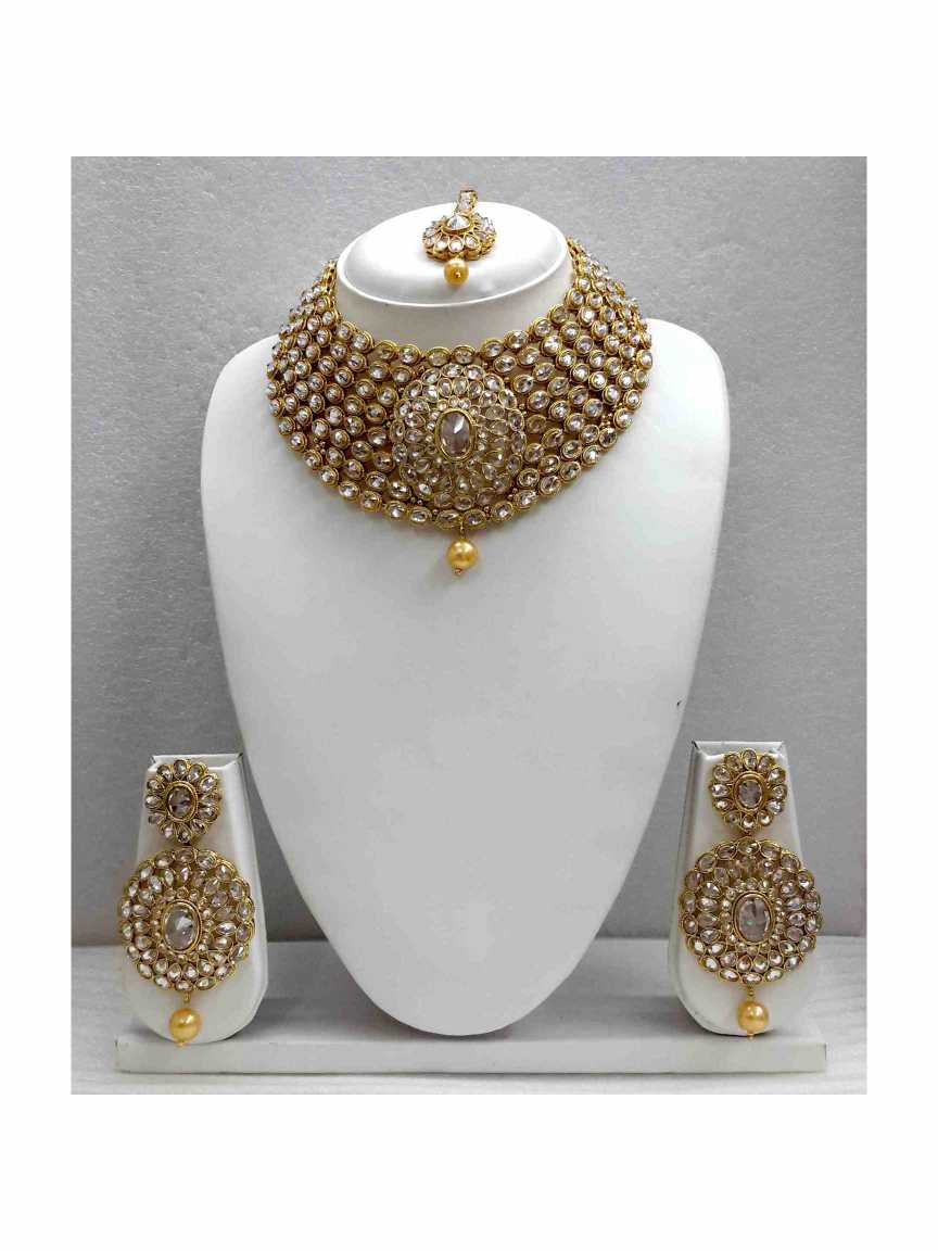 NECKLACE SET WITH MAANG TIKA in CHECKERED POLKI Style | Design - 13702