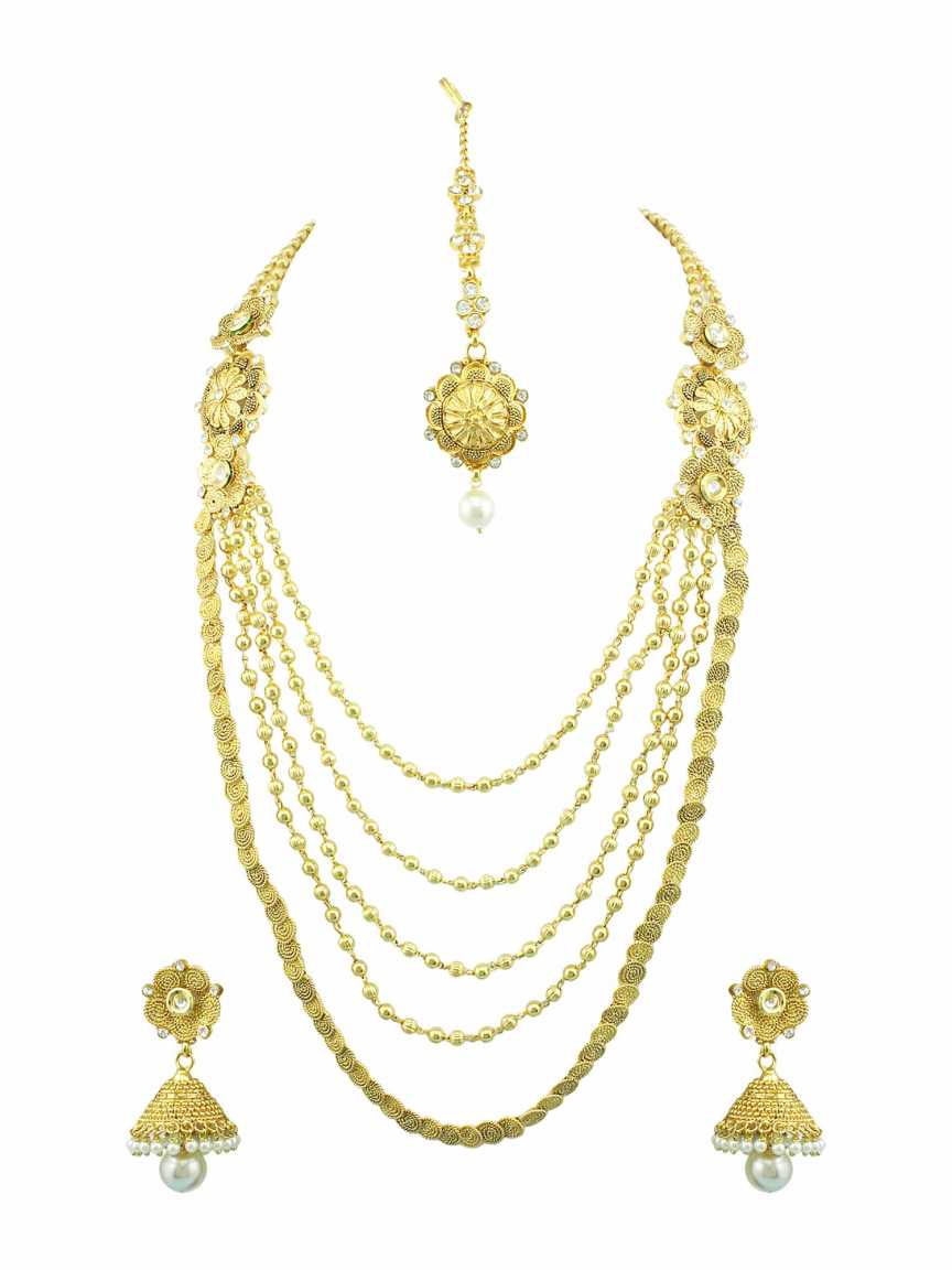 NECKLACE SET WITH MAANG TIKA in CHECKERED POLKI Style | Design - 13840