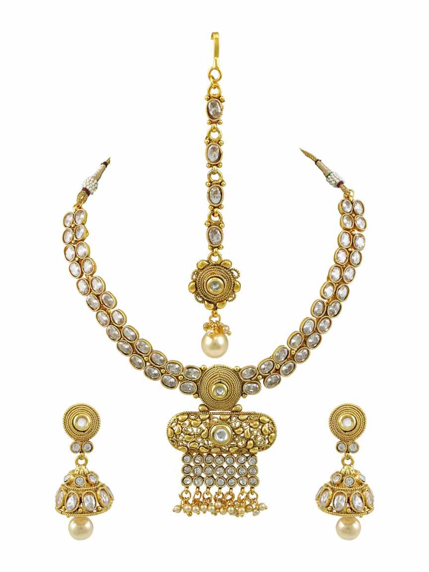 NECKLACE SET WITH MAANG TIKA in CHECKERED POLKI Style | Design - 15315