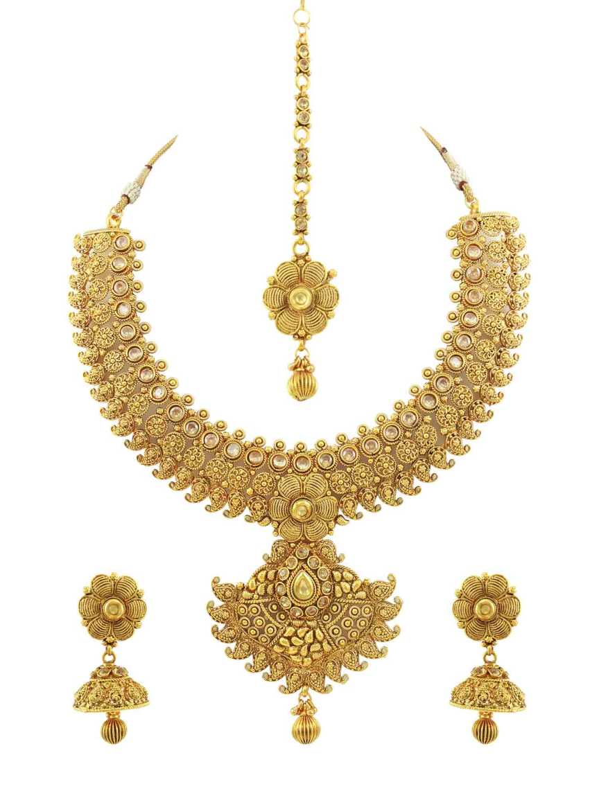 NECKLACE SET WITH MAANG TIKA in CHECKERED POLKI Style | Design - 15443