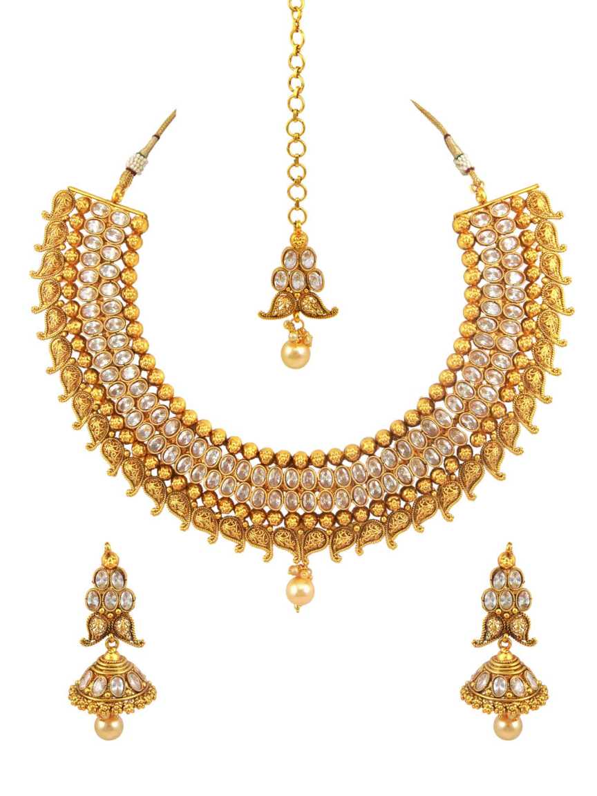NECKLACE SET WITH MAANG TIKA in CHECKERED POLKI Style | Design - 15481