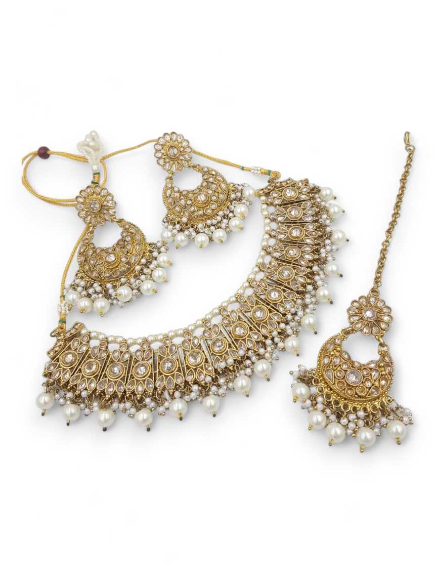 NECKLACE SET WITH MAANG TIKA in CHECKERED POLKI Style | Design - 19039