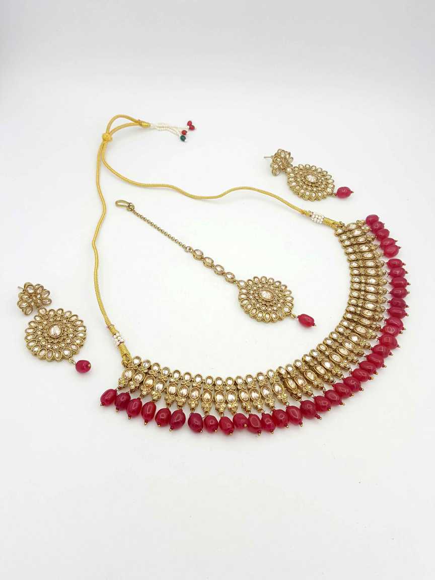 NECKLACE SET WITH MAANG TIKA in CHECKERED POLKI Style | Design - 19075