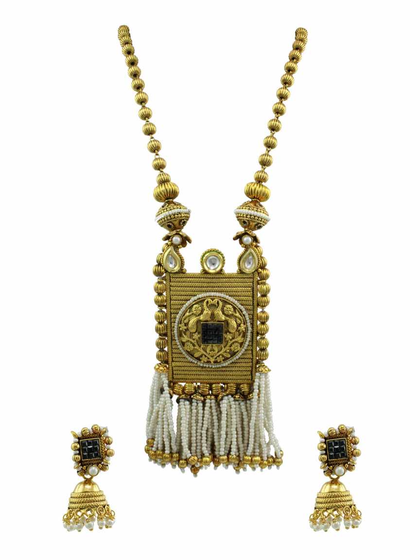 LONG NECKLACE SET WITH PENDANT in CHECKERED POLKI Style | Design - 10742