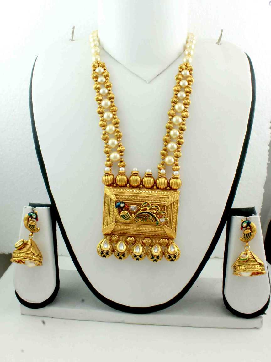 LONG NECKLACE SET WITH PENDANT in CHECKERED POLKI Style | Design - 10743