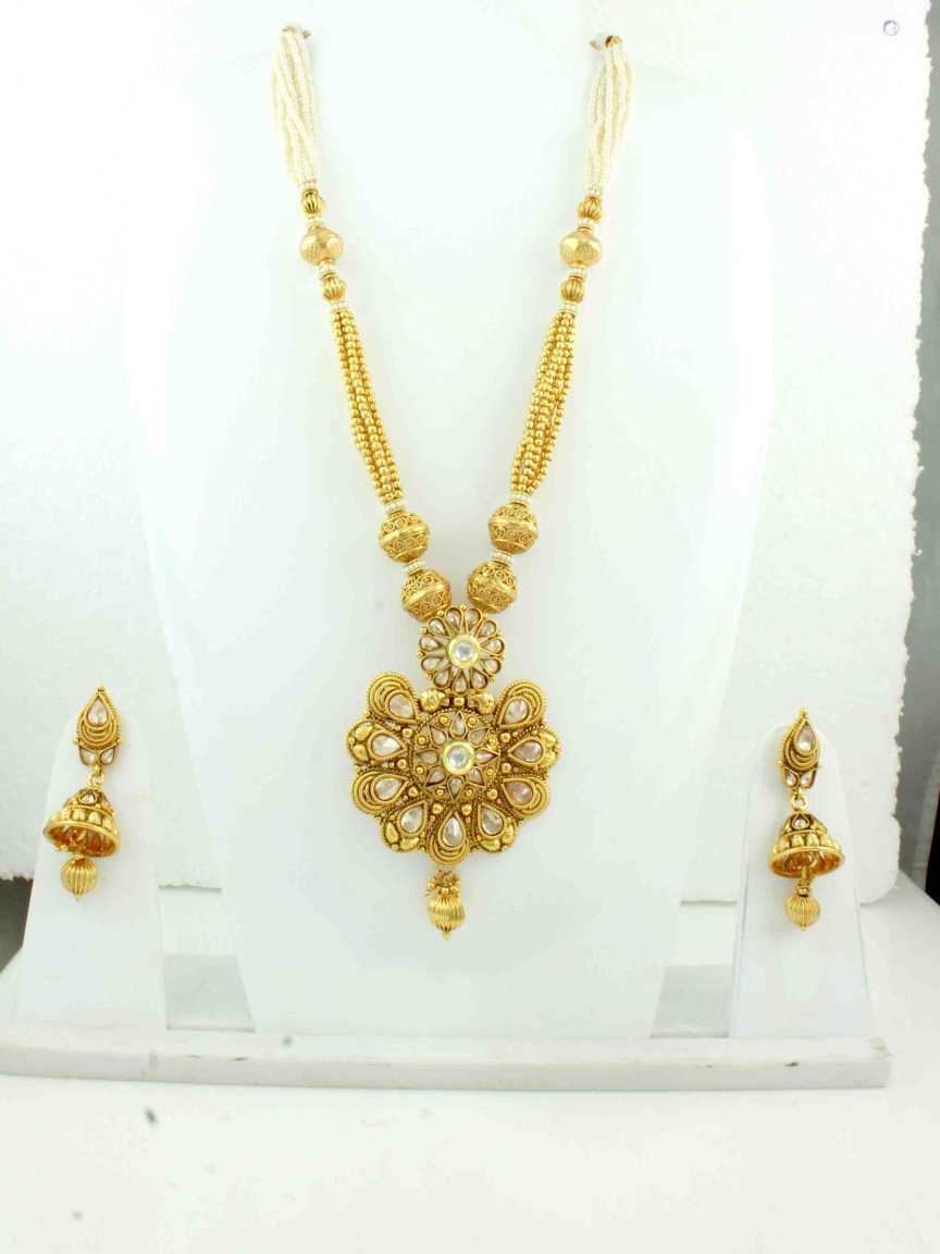 LONG NECKLACE SET WITH PENDANT in CHECKERED POLKI Style | Design - 10745