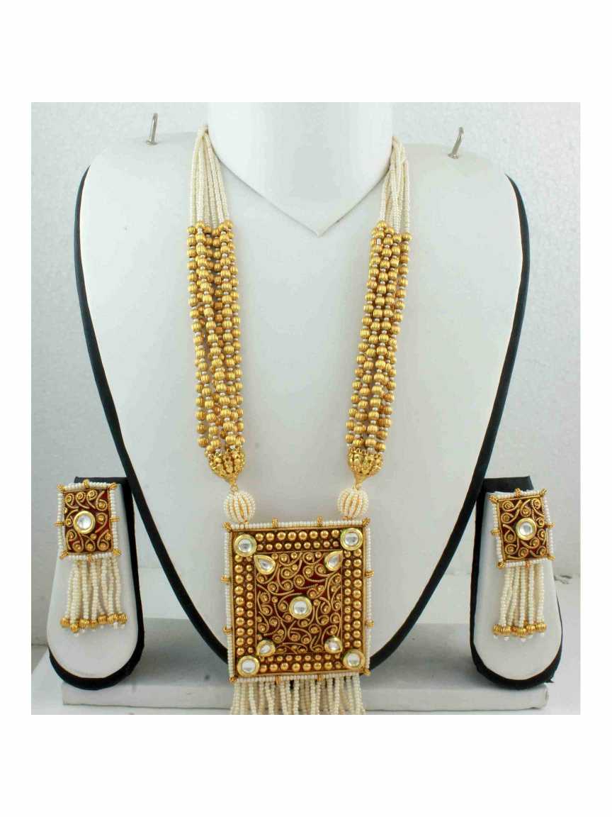 LONG NECKLACE SET WITH PENDANT in CHECKERED POLKI Style | Design - 10792