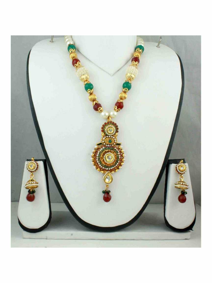 LONG NECKLACE SET WITH PENDANT in CHECKERED POLKI Style | Design - 10809