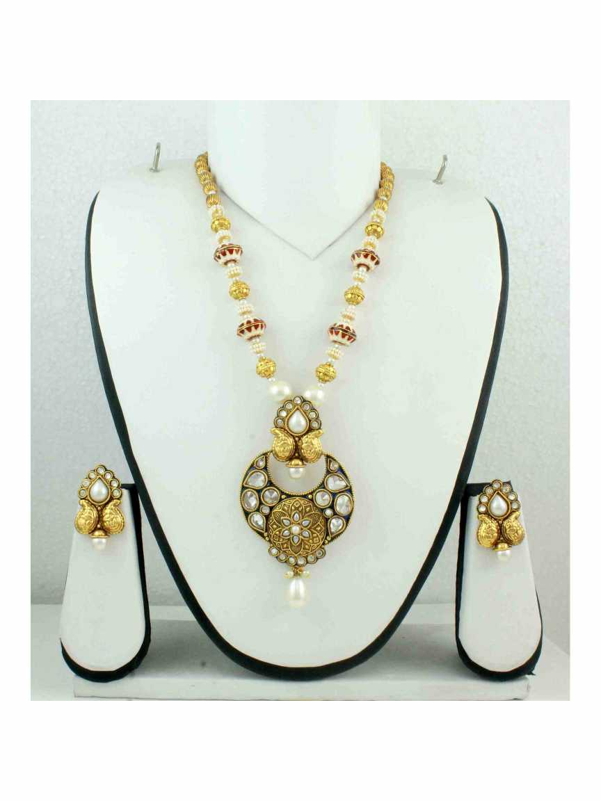 LONG NECKLACE SET WITH PENDANT in CHECKERED POLKI Style | Design - 10823