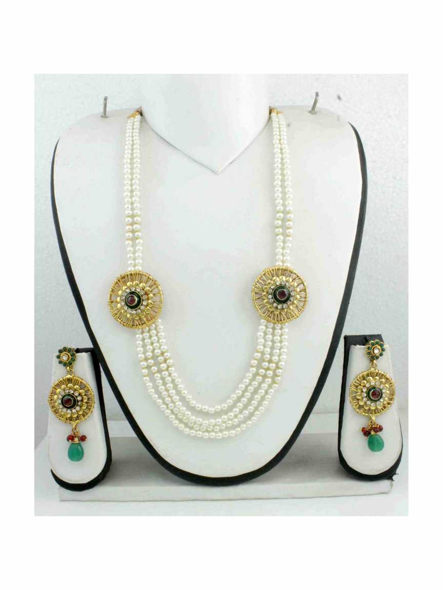 LONG NECKLACE SET WITH PENDANT in CHECKERED POLKI Style | Design - 10850