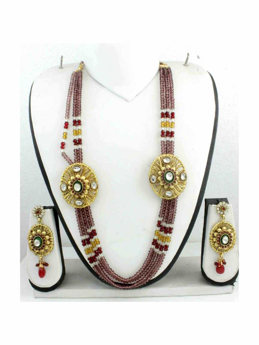 LONG NECKLACE SET WITH PENDANT in CHECKERED POLKI Style | Design - 10851