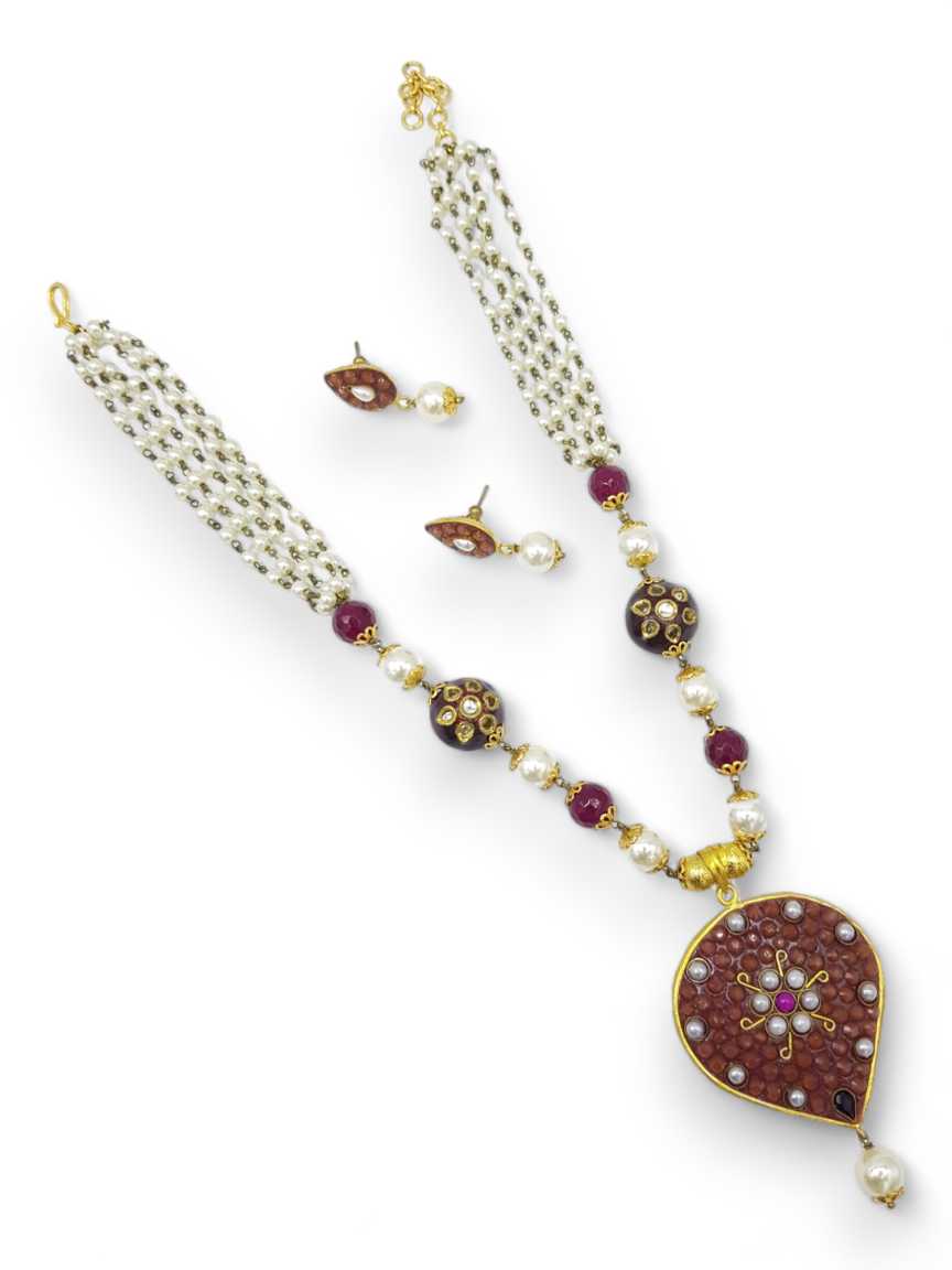 LONG NECKLACE SET WITH PENDANT in CHECKERED POLKI Style | Design - 10861