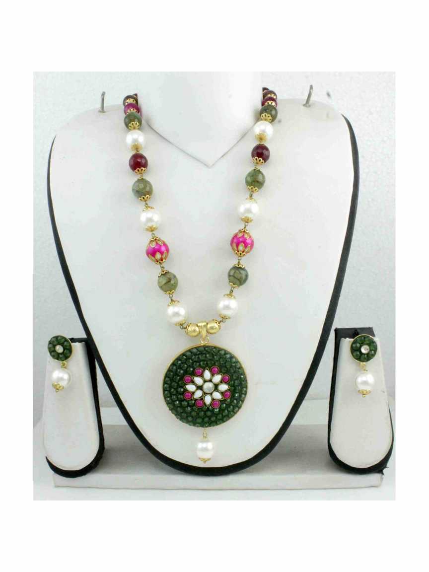LONG NECKLACE SET WITH PENDANT in CHECKERED POLKI Style | Design - 10862