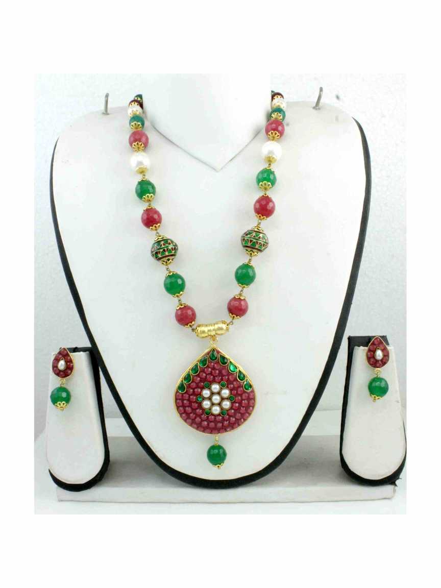 LONG NECKLACE SET WITH PENDANT in CHECKERED POLKI Style | Design - 10869