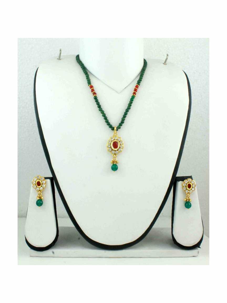 LONG NECKLACE SET WITH PENDANT in CHECKERED POLKI Style | Design - 10908