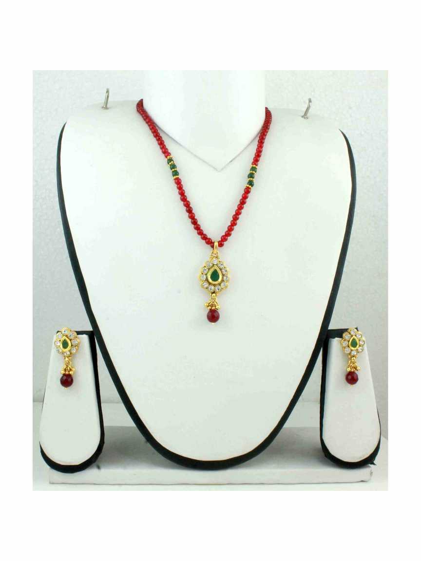 LONG NECKLACE SET WITH PENDANT in CHECKERED POLKI Style | Design - 10909