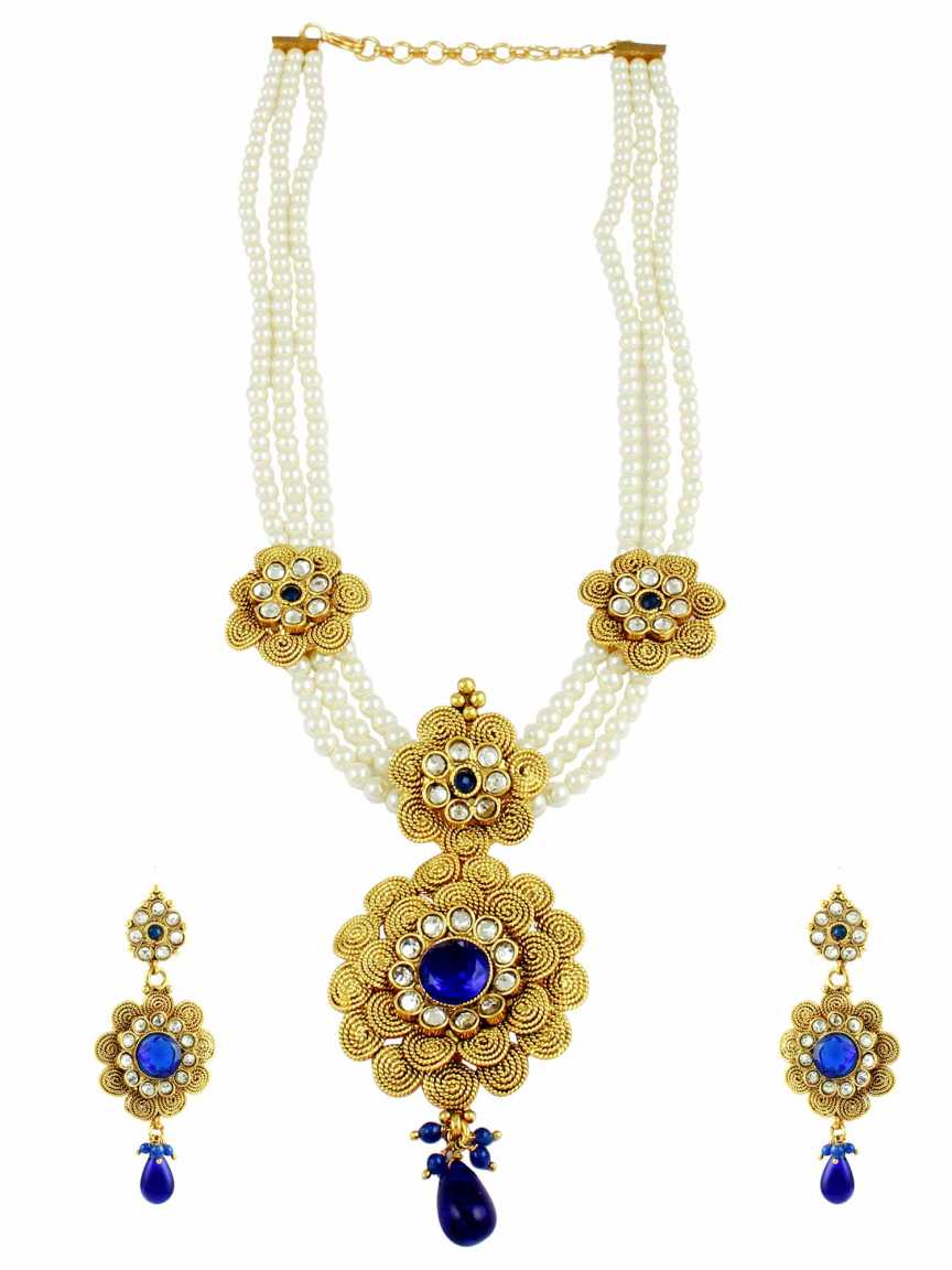 LONG NECKLACE SET WITH PENDANT in CHECKERED POLKI Style | Design - 10932
