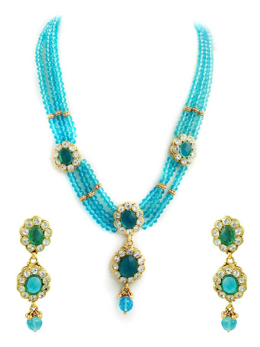 LONG NECKLACE SET WITH PENDANT in CHECKERED POLKI Style | Design - 10936