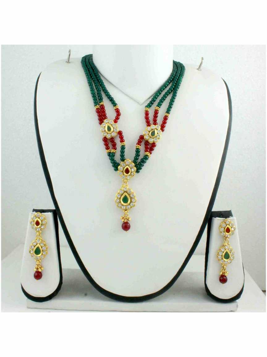 LONG NECKLACE SET WITH PENDANT in CHECKERED POLKI Style | Design - 10937