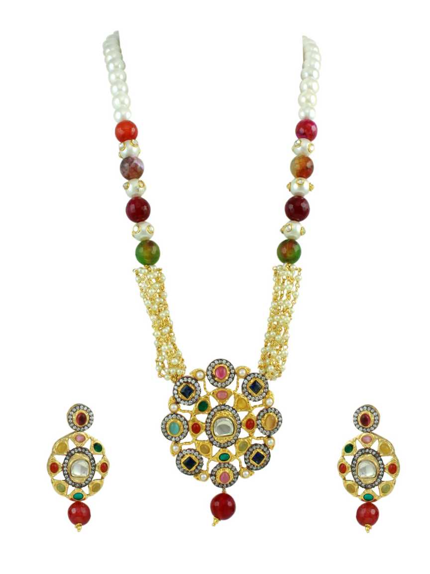 LONG NECKLACE SET WITH PENDANT in CHECKERED POLKI Style | Design - 11015