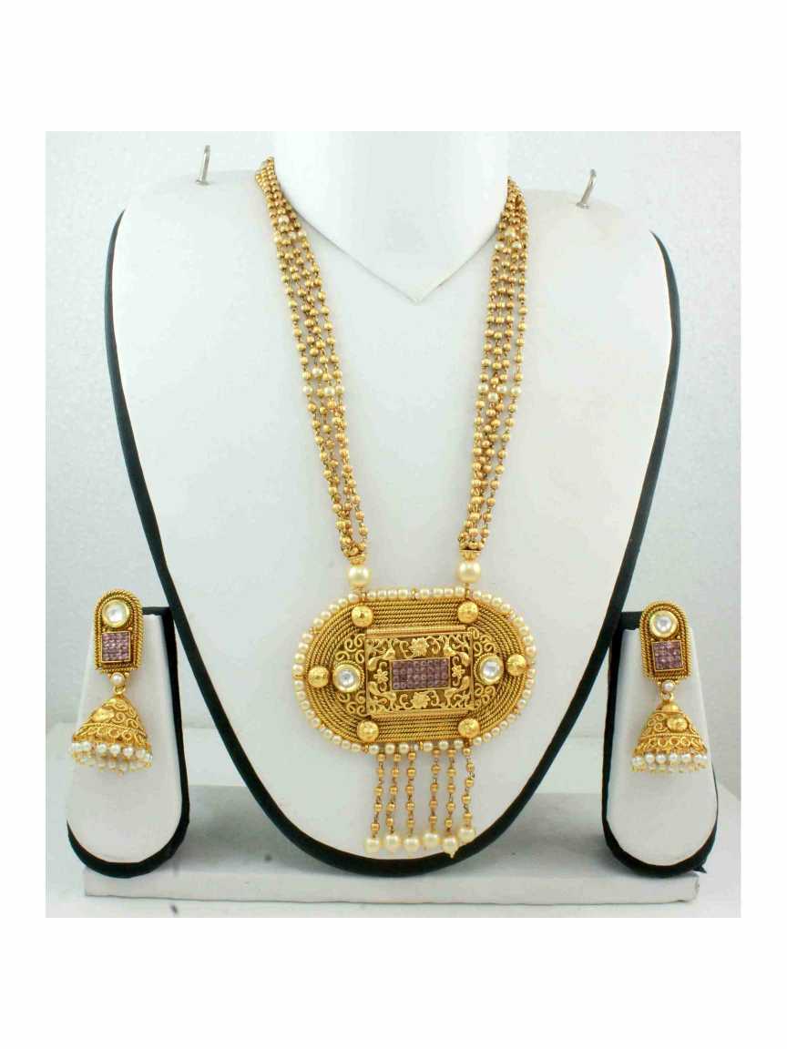 LONG NECKLACE SET WITH PENDANT in CHECKERED POLKI Style | Design - 11069