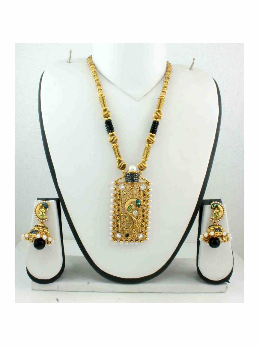 LONG NECKLACE SET WITH PENDANT in CHECKERED POLKI Style | Design - 11070