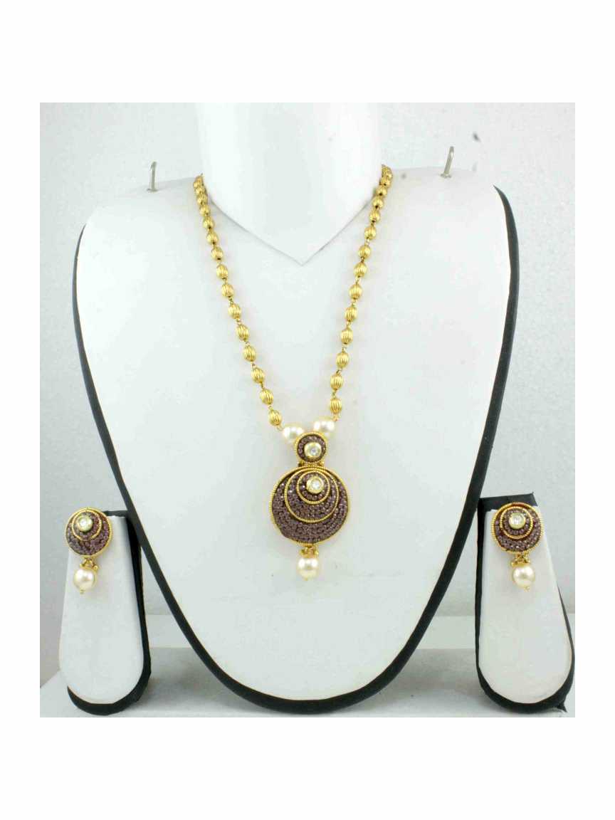 LONG NECKLACE SET WITH PENDANT in CHECKERED POLKI Style | Design - 11315