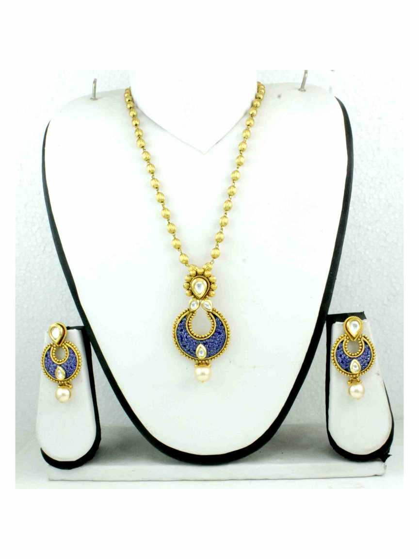 LONG NECKLACE SET WITH PENDANT in CHECKERED POLKI Style | Design - 11796