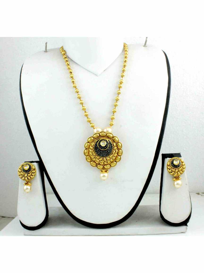 LONG NECKLACE SET WITH PENDANT in CHECKERED POLKI Style | Design - 12231
