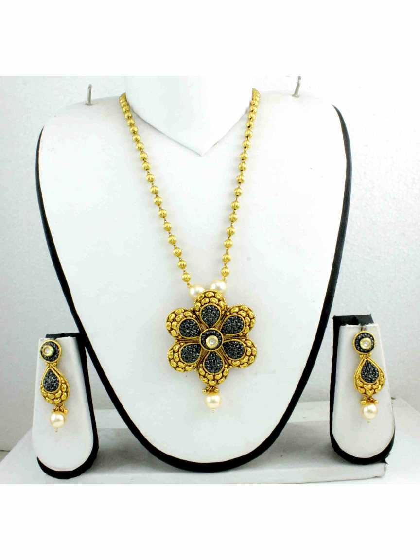 LONG NECKLACE SET WITH PENDANT in CHECKERED POLKI Style | Design - 12232