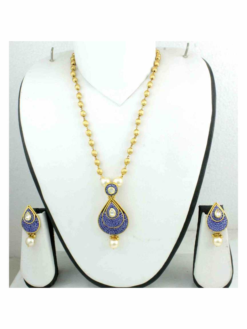 LONG NECKLACE SET WITH PENDANT in CHECKERED POLKI Style | Design - 12276